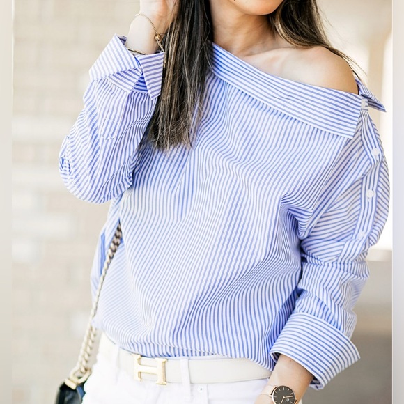 Who What Wear Tops - Who What Wear Off-Shoulder Striped Top - Blue, White, Buttoned Sleeve - Size M